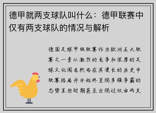 德甲就两支球队叫什么：德甲联赛中仅有两支球队的情况与解析