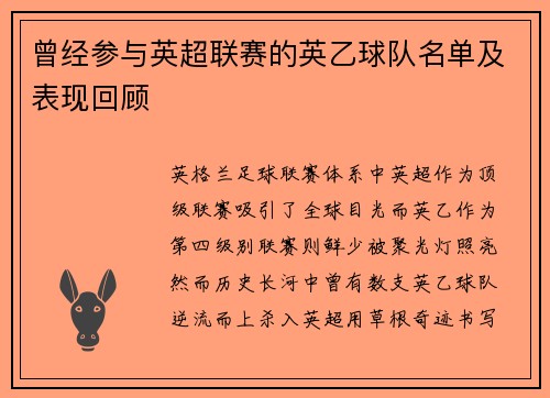 曾经参与英超联赛的英乙球队名单及表现回顾