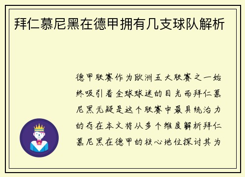 拜仁慕尼黑在德甲拥有几支球队解析