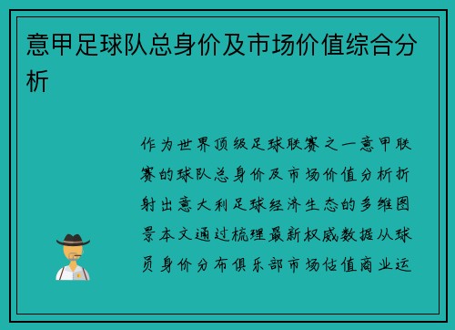 意甲足球队总身价及市场价值综合分析